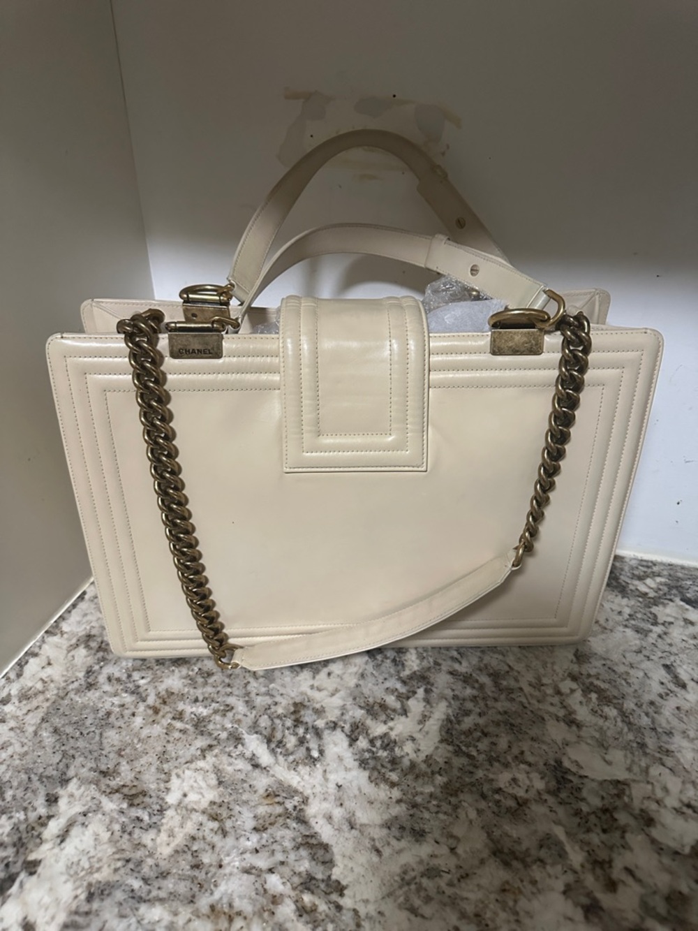 CHANEL Cream Leather Satchel with Gold-Tone Hardware and Top Handle - Picture 2 of 16